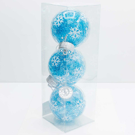 Набор прозрачных шаров со снежинками и голубой мишурой внутри 8см 3шт
